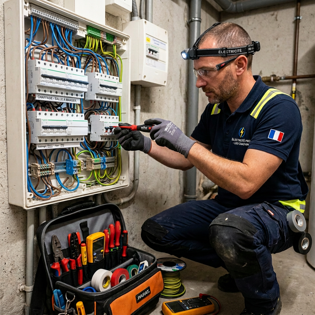 Electrician wearing safety glasses and gloves working on a circuit breaker panel using a screwdriver